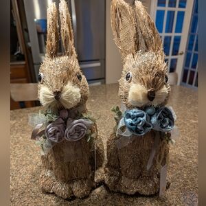 2 BELLA LUX Sisal Bunny Brown Rabbit Blue/Lilac Flower Bow Easter Glitter NWT